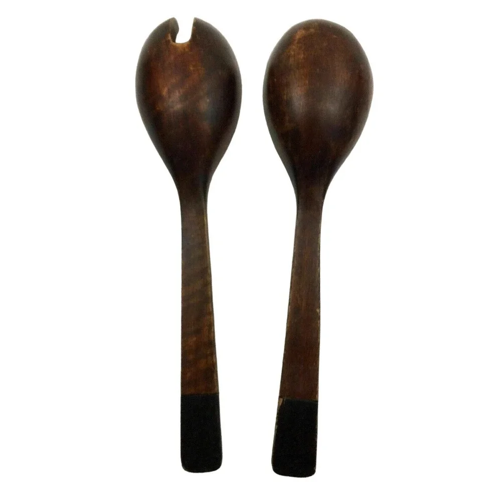 Hand Carved Wood Salad Serving Spoon Fork Set 13